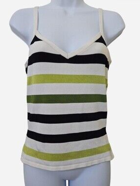 Y2K green striped v neck knit blouse size small casual retro